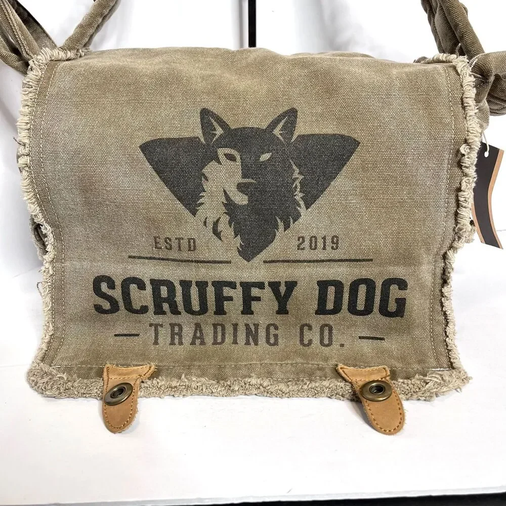 Scruffy Dog Trading Co Vtg Messenger Khaki Canvas Tan Leather Shoulder Bag